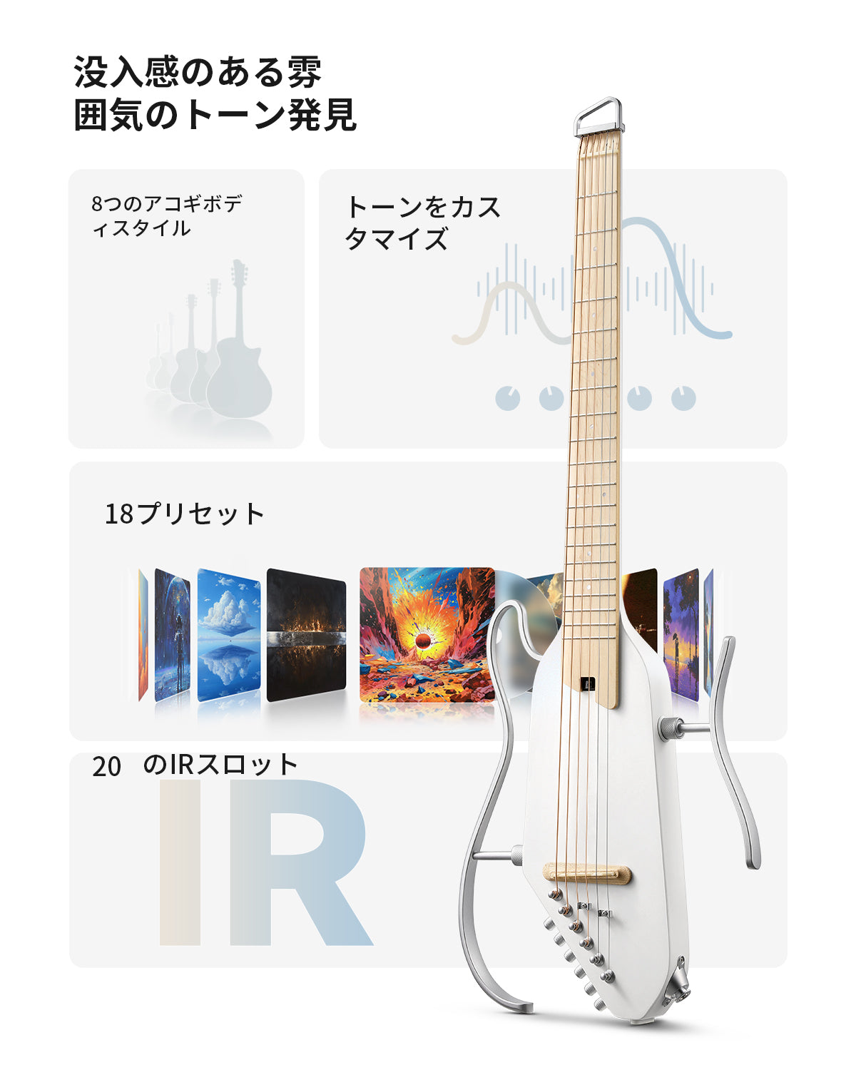 Donner トラベルギター ポータブルギター ヘッドレスギター スマートギター イヤホン付きセット 複数のエフェクトモード 人間工学ネック 静粛性 着脱可能フレーム HUSH I PRO-ホワイト##