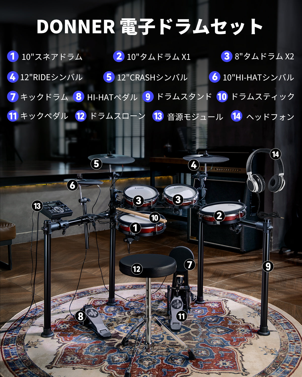 Donner DED-200 MAX 5ドラム 3シンバル セット