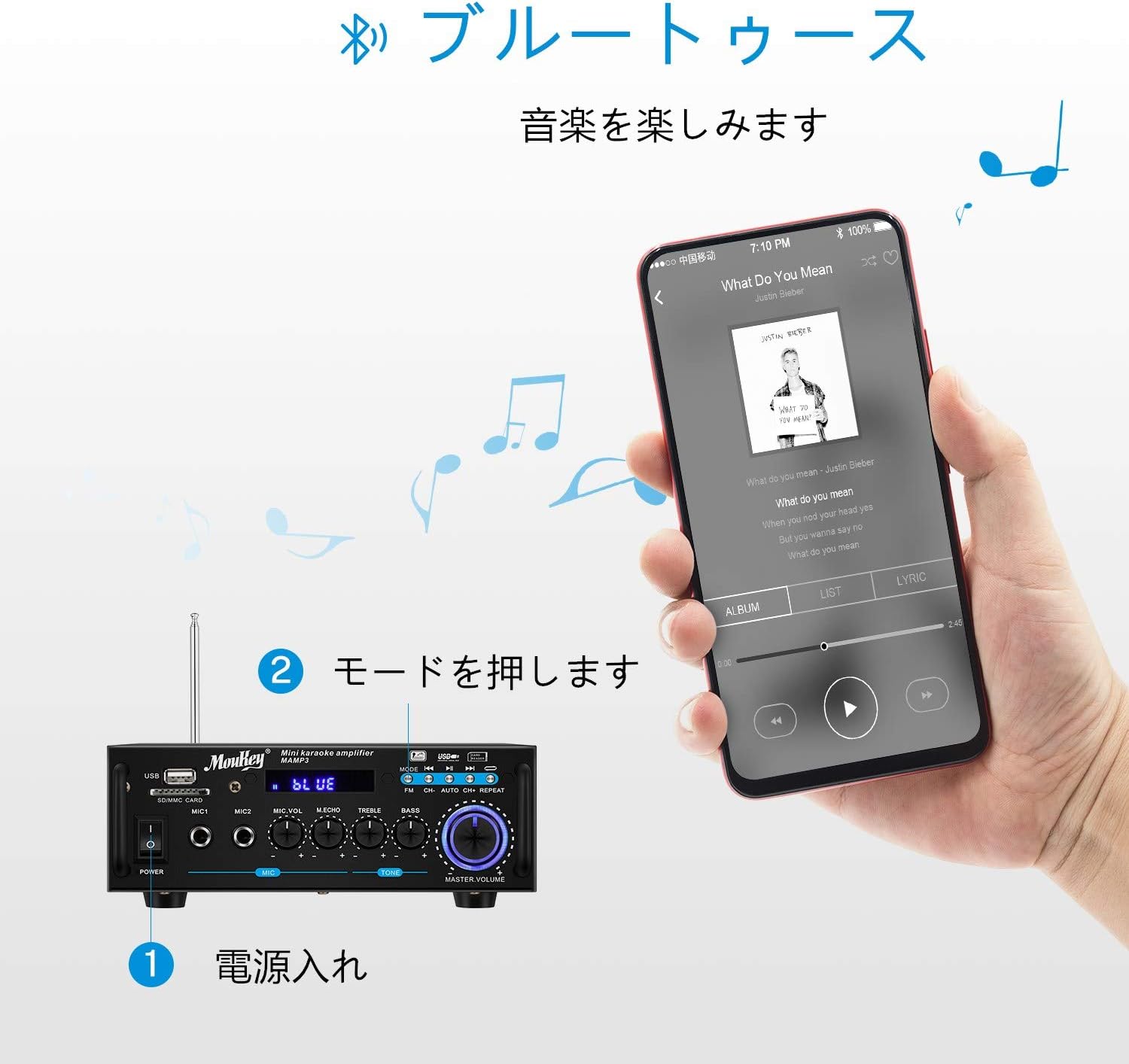 Moukey ステレオアンプ パワーアンプ オーディオアンプ カラオケ アンプ Bluetooth5.0 FMラジオ付き MP3 / USB/SDリーダーデジタル LEDディスプレイ マイク入力(電力100W)ブラック