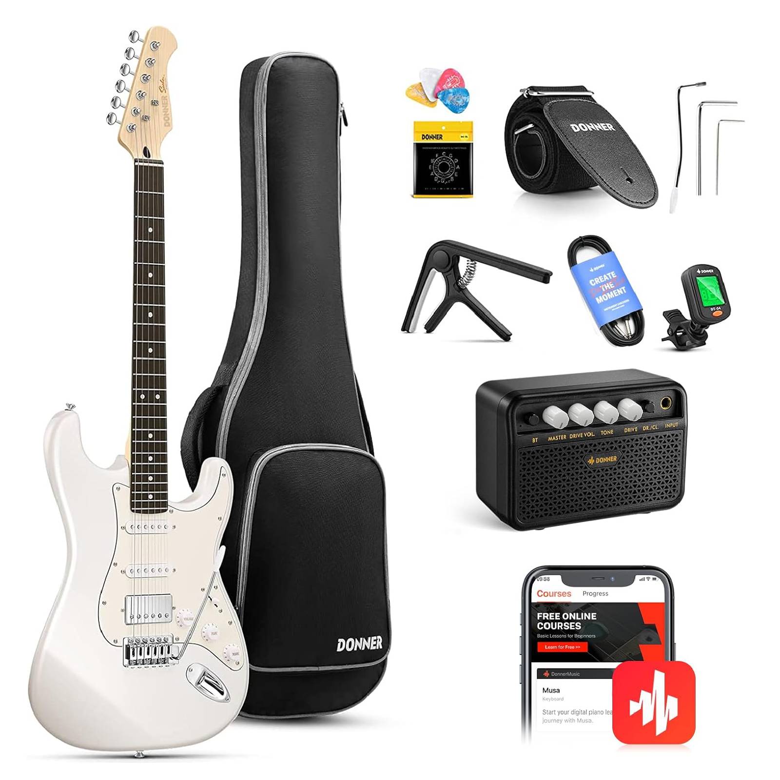 Donner エレキギター 初心者セット STタイプ コイルタップ 6点止めトレモロ ミニアンプ付き ケース· ストラップ· シールドなど付属 -ホワイト##