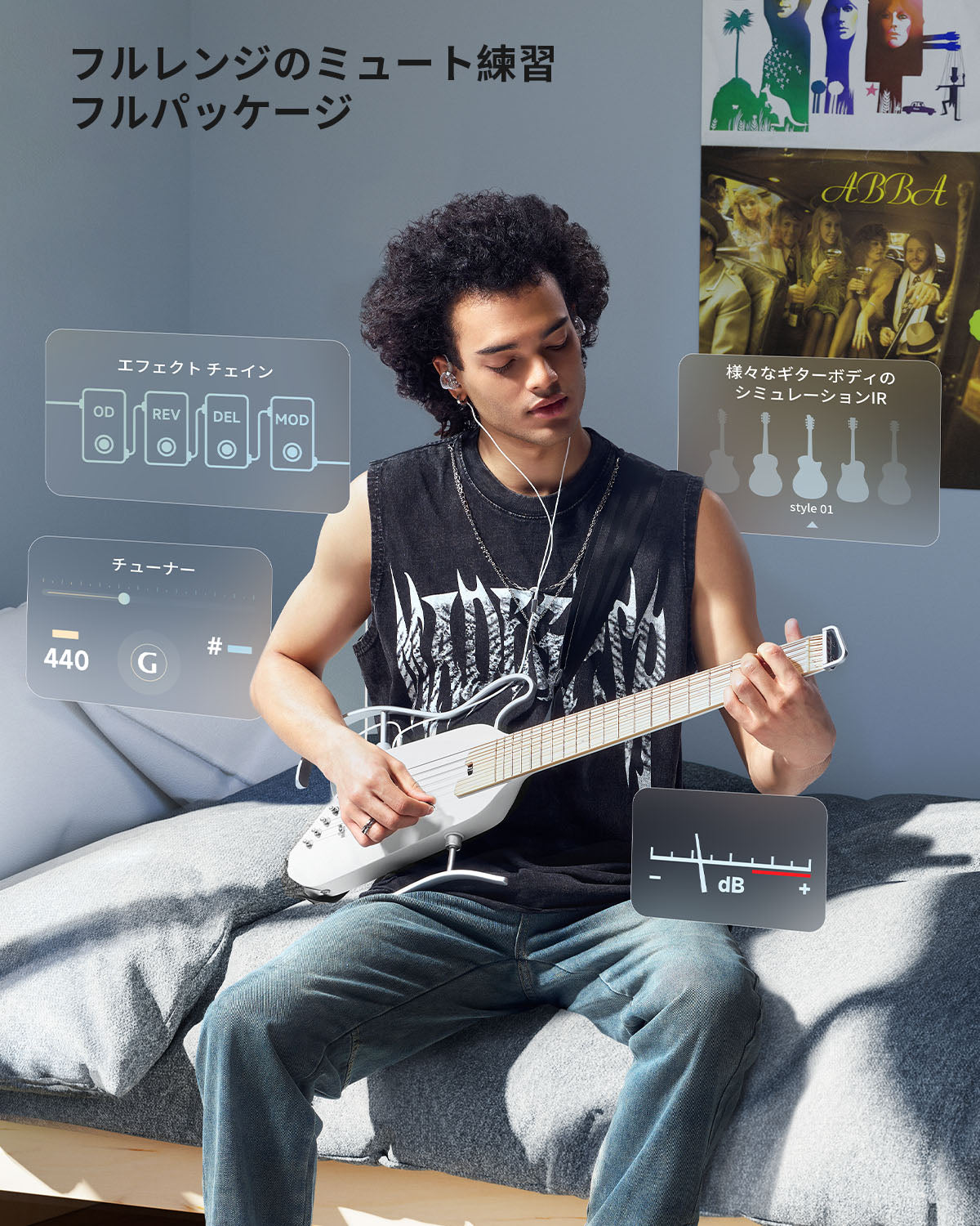 Donner トラベルギター ポータブルギター ヘッドレスギター スマートギター イヤホン付きセット 複数のエフェクトモード 人間工学ネック 静粛性 着脱可能フレーム HUSH I PRO-ホワイト##