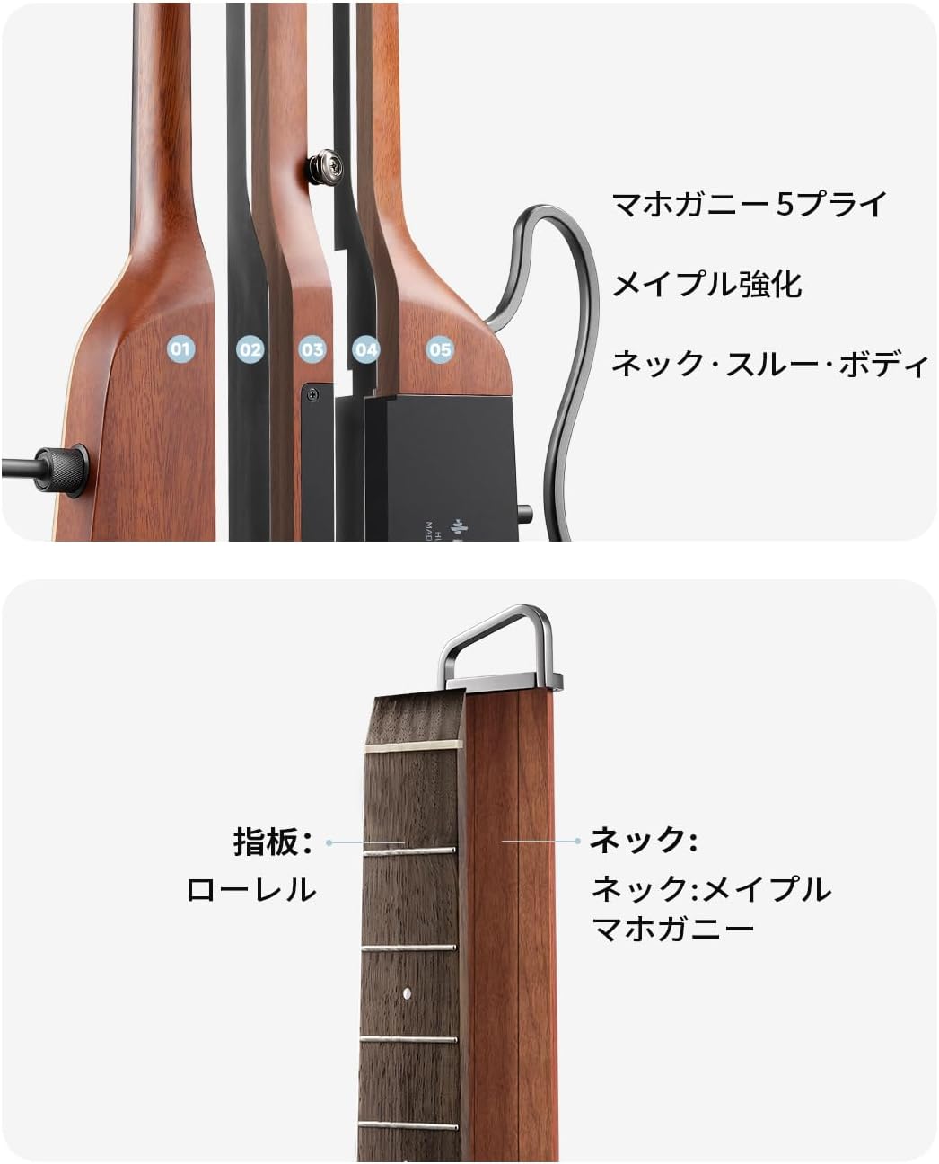 Donner トラベルギター ポータブルギター ヘッドレスギター スマートギター イヤホン付きセット 複数のエフェクトモード 人間工学ネック 静粛性 着脱可能フレーム HUSH I PRO-ナチュラル##