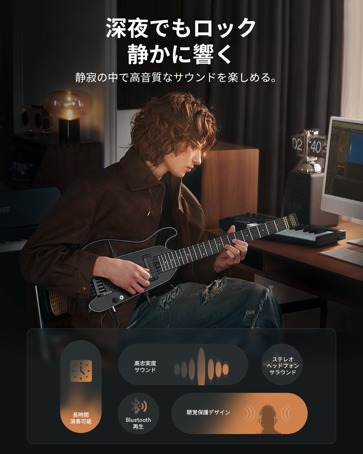 Donner HUSH X PRO マルチエフェクト搭載トラベル用エレキギター-黒##