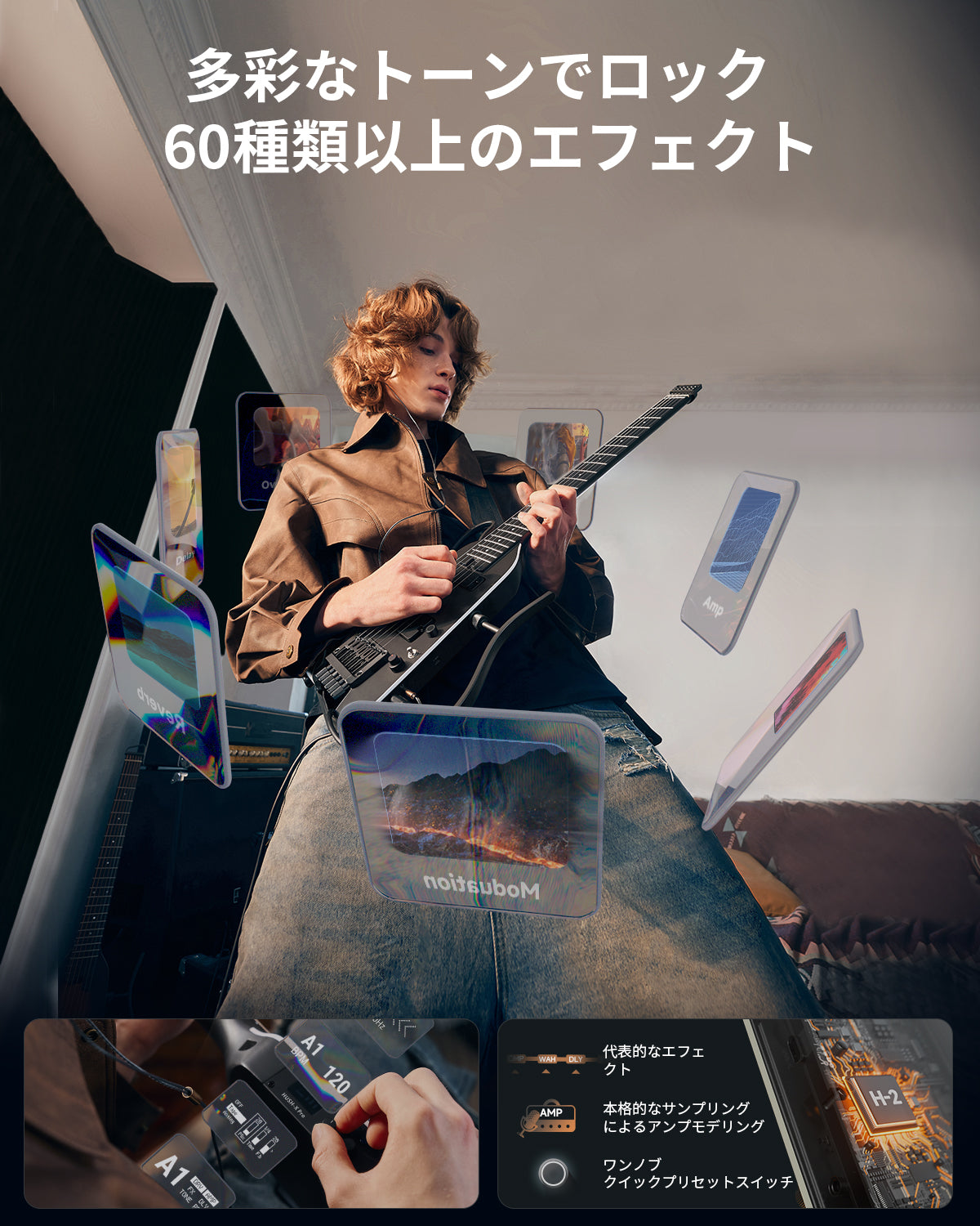 Donner HUSH X PRO マルチエフェクト搭載トラベル用エレキギター-黒##
