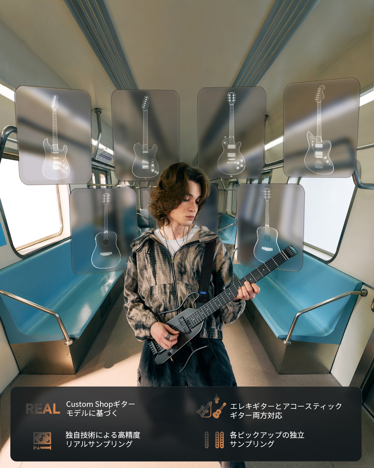 Donner HUSH X PRO マルチエフェクト搭載トラベル用エレキギター-黒##