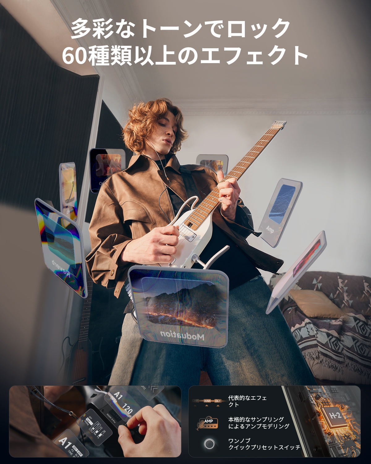 Donner HUSH X PRO マルチエフェクト搭載トラベル用エレキギター-白##
