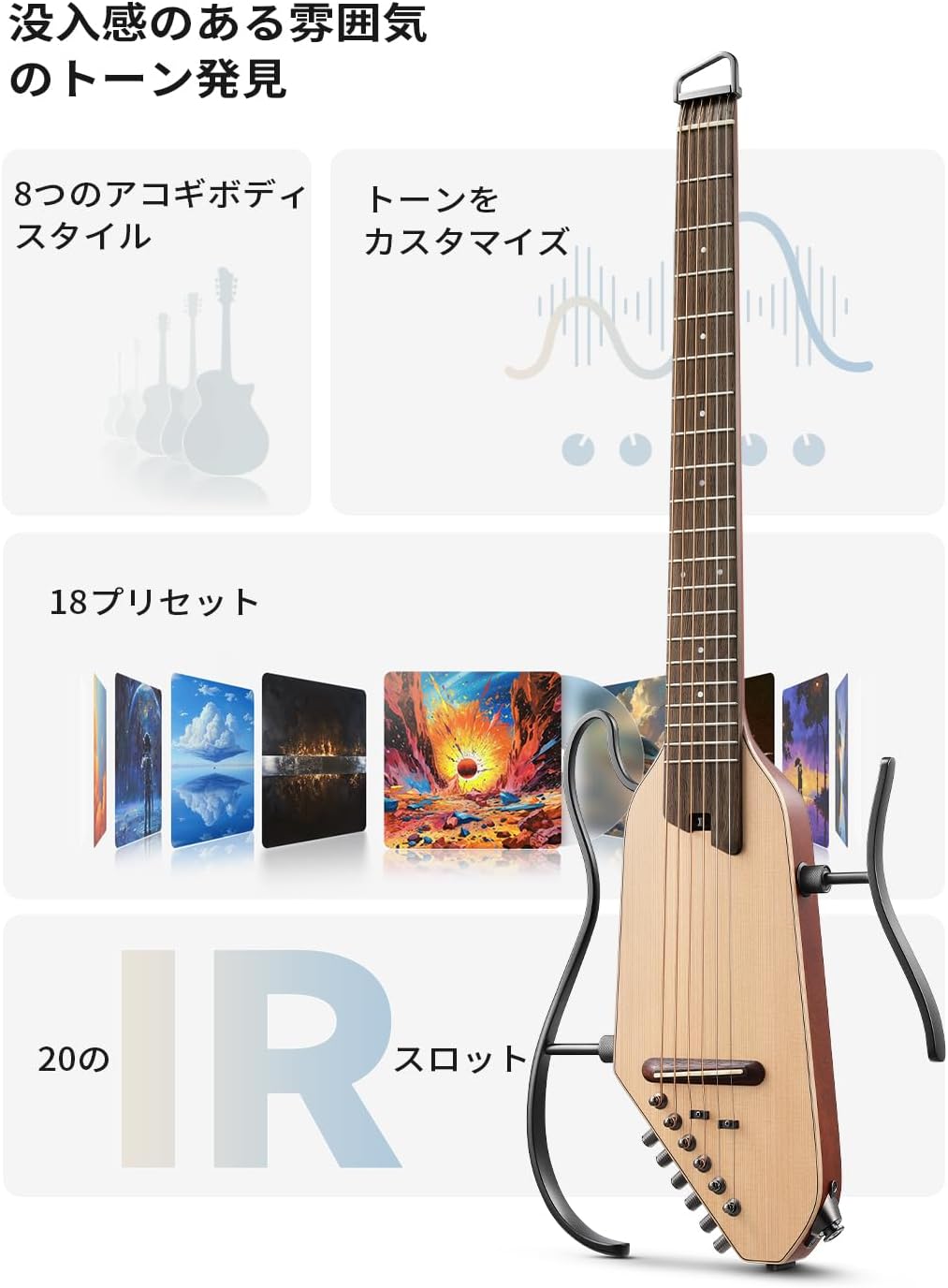 Donner トラベルギター ポータブルギター ヘッドレスギター スマートギター イヤホン付きセット 複数のエフェクトモード 人間工学ネック 静粛性 着脱可能フレーム HUSH I PRO-ナチュラル##