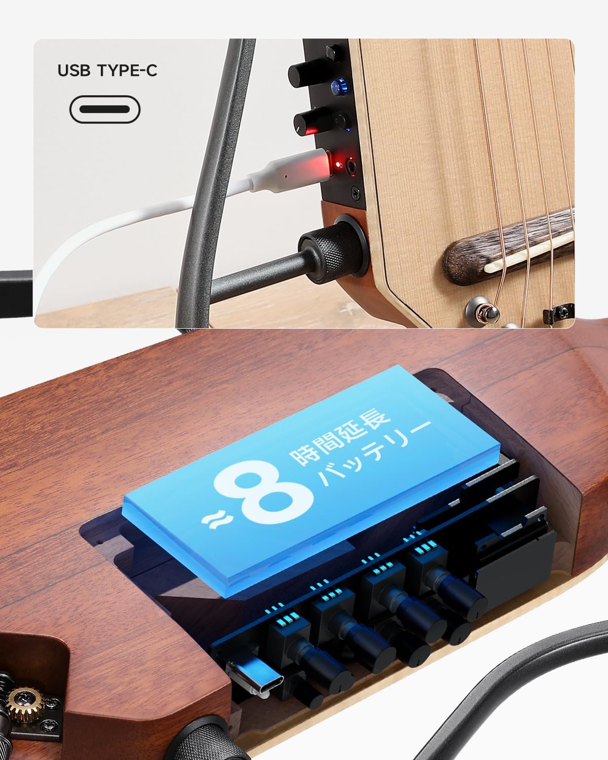 Donner トラベルギター ポータブルギター ヘッドレスギター スマートギター イヤホン付きセット 複数のエフェクトモード 人間工学ネック 静粛性 着脱可能フレーム HUSH I PRO-ナチュラル##