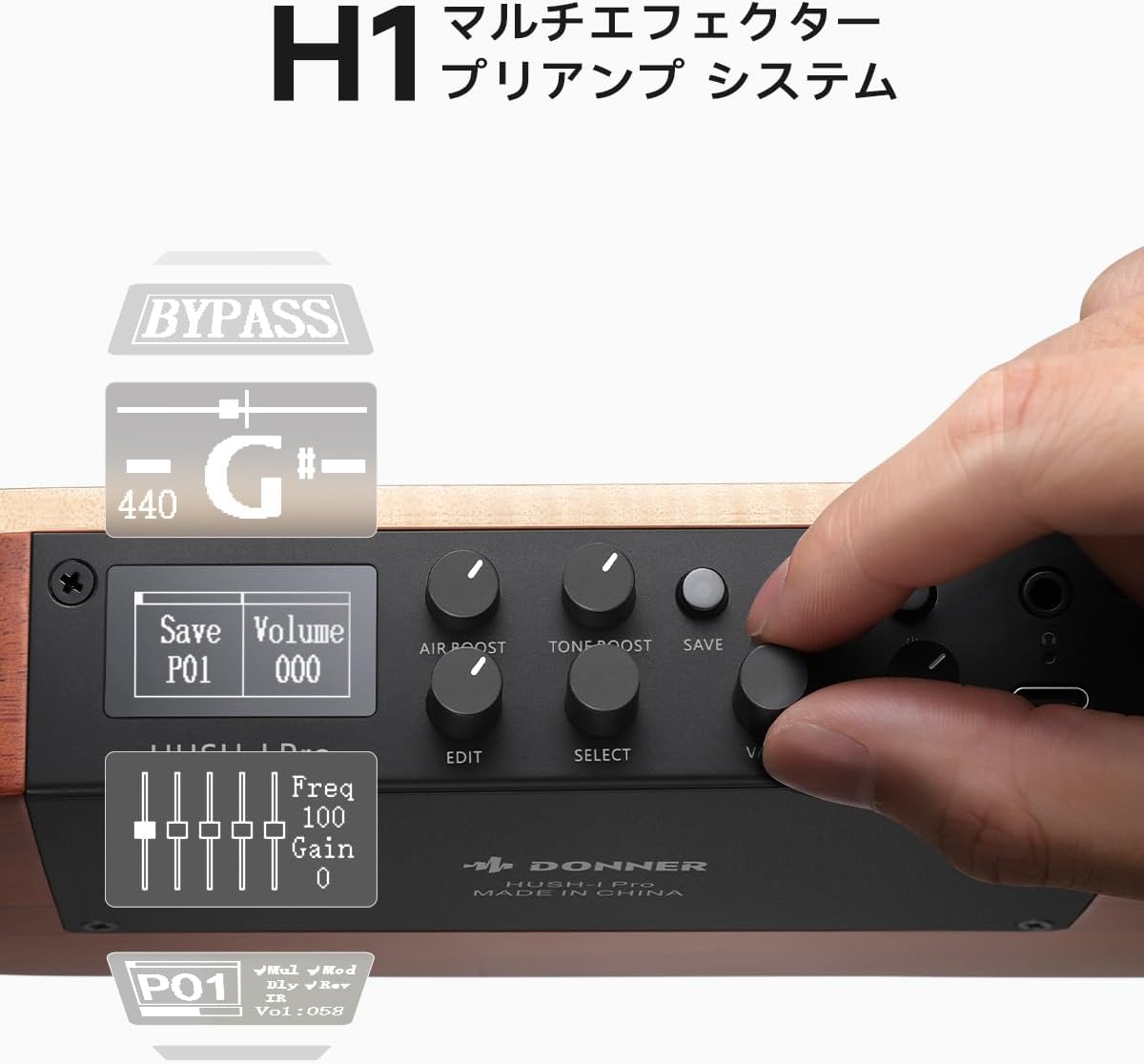 Donner トラベルギター ポータブルギター ヘッドレスギター スマートギター イヤホン付きセット 複数のエフェクトモード 人間工学ネック 静粛性 着脱可能フレーム HUSH I PRO-ナチュラル##