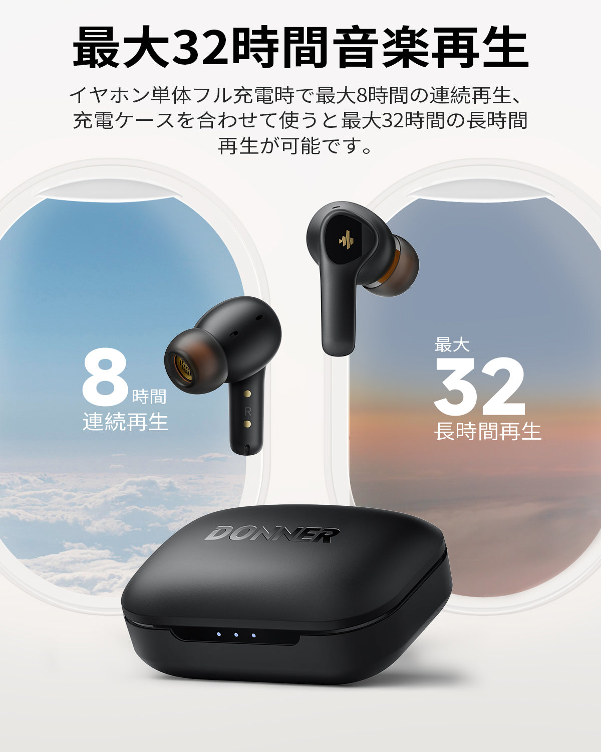 Donner Dobuds ONE 完全ワイヤレスイヤホン ウルトラノイズキャンセリング マルチポイント接続 最大32時間再生 急速充電 防水IPX4 音声アシスタント Siri対応 音楽放送/通学/通勤/ジム/プレゼントBluetooth 5.2-ブラック##