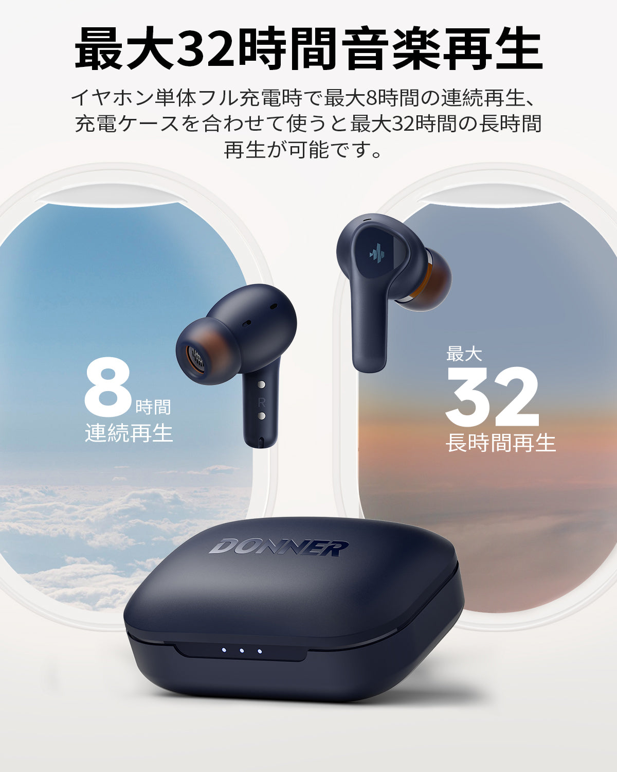 Donner Dobuds ONE 完全ワイヤレスイヤホン ウルトラノイズキャンセリング マルチポイント接続 最大32時間再生 急速充電 防水IPX4 音声アシスタント Siri対応 音楽放送/通学/通勤/ジム/プレゼントBluetooth 5.2-ダークブルー##