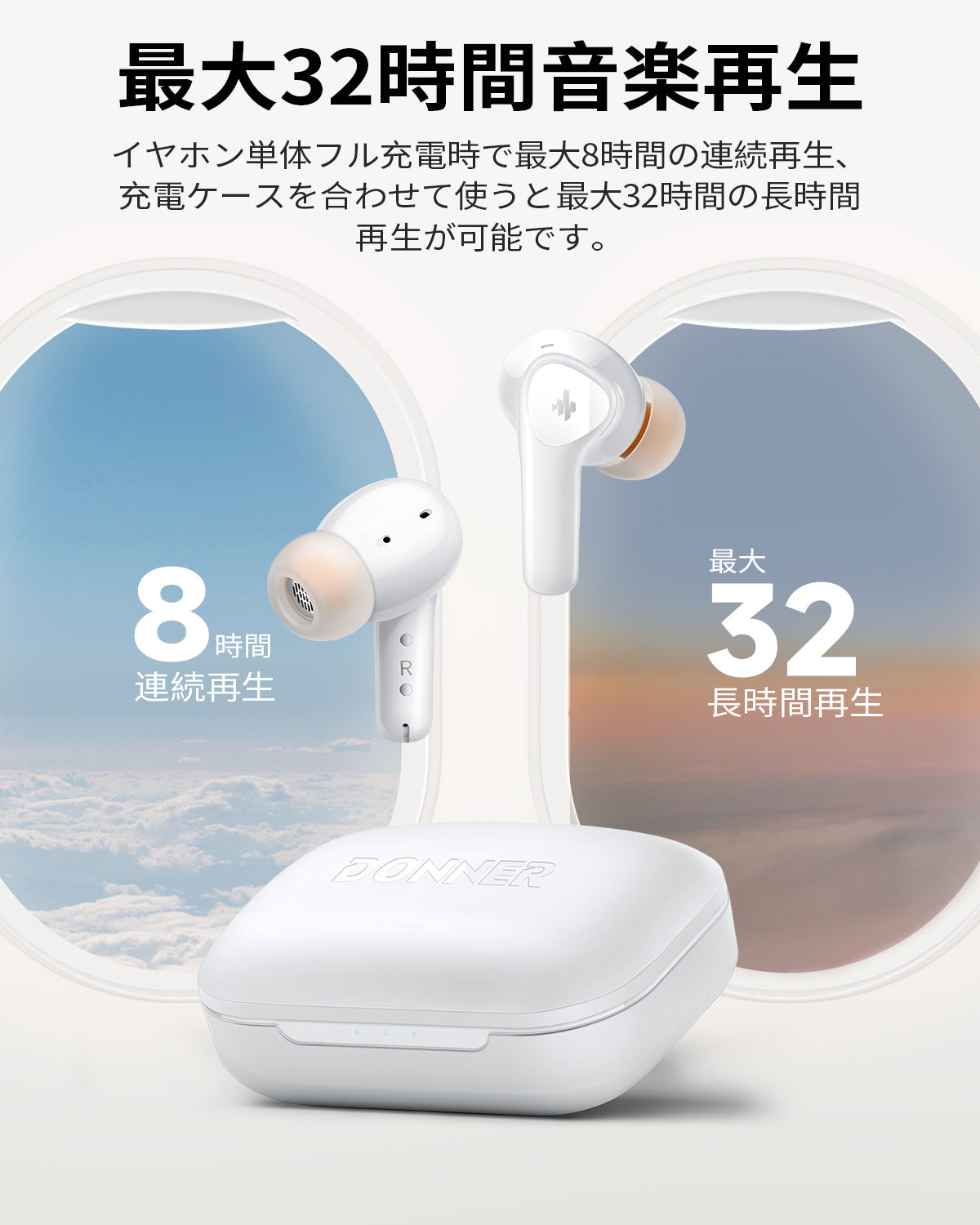 Donner Dobuds ONE 完全ワイヤレスイヤホン ウルトラノイズキャンセリング マルチポイント接続 最大32時間再生 急速充電 防水IPX4 音声アシスタント Siri対応 音楽放送/通学/通勤/ジム/プレゼントBluetooth 5.2-ホワイト##