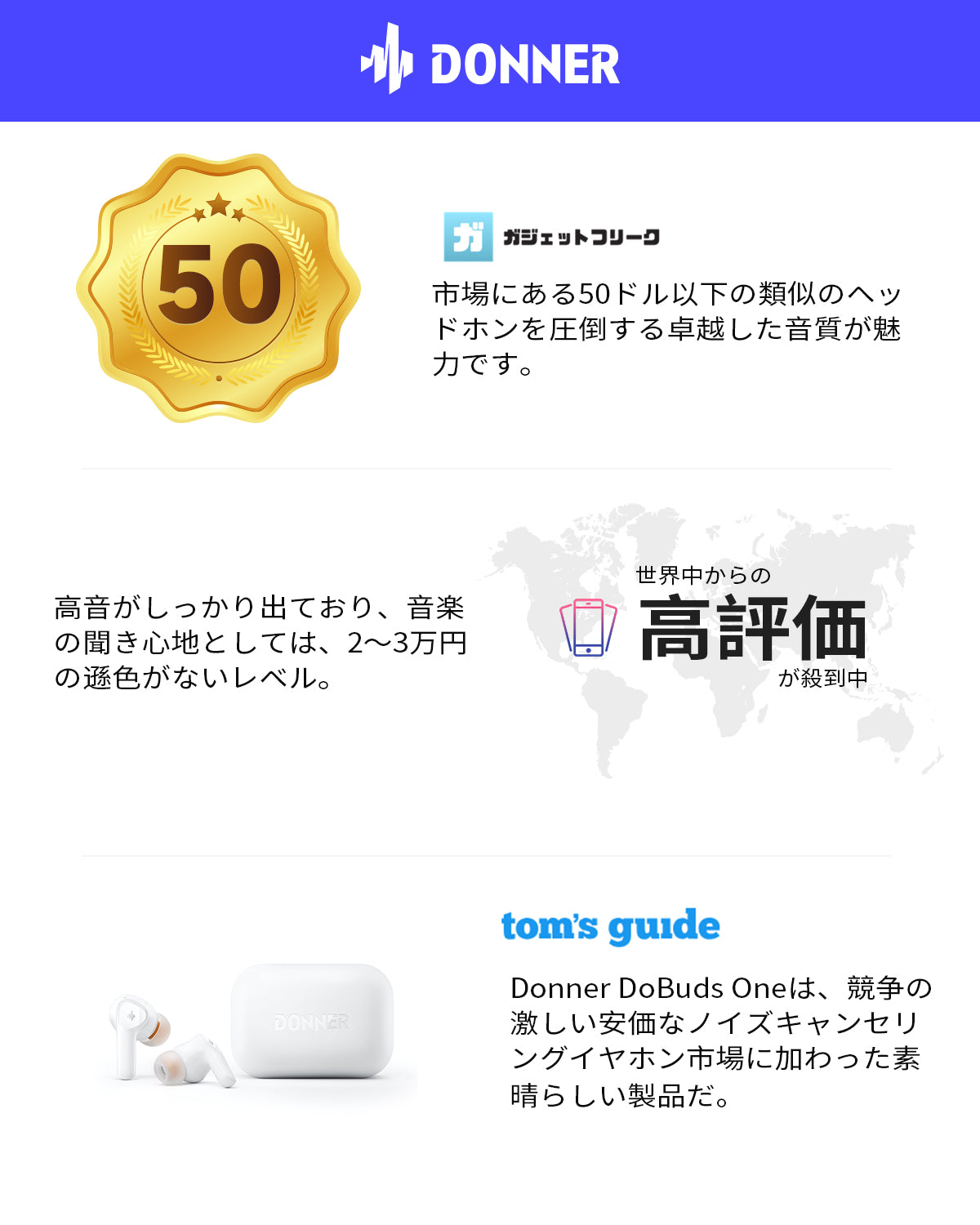 Donner Dobuds ONE 完全ワイヤレスイヤホン ウルトラノイズキャンセリング マルチポイント接続 最大32時間再生 急速充電 防水IPX4 音声アシスタント Siri対応 音楽放送/通学/通勤/ジム/プレゼントBluetooth 5.2-ホワイト##