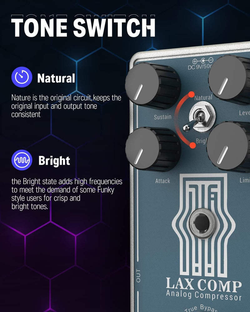 Donnerコンプレッサーペダル、Lax Compギター・ベース用、2バンドEQブースト付きアナログトゥルーバイパスピークリミッター