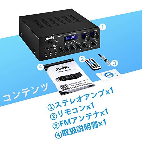 Moukey パワーアンプ システム マイクミキサー 220W Bluetooth対応 デュアルチャンネルサウンドオーディオステレオレシーバー モニタリング/USB、SD、AUX、MIC IN/エコー、ラジオ、LCD-ホームシアターエンターテインメントRCA スタジオ用 MAMP1