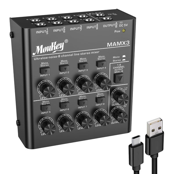 Moukey MAMX3 オーディオミキサー usb DC 5V超低ノイズ サブミキシング用 ラインミキサー (8チャンネル) 小型ミニオーディオミキサー クラブ/バー/マイク/ギター/ベース/キーボード/ステージミキサーに適用