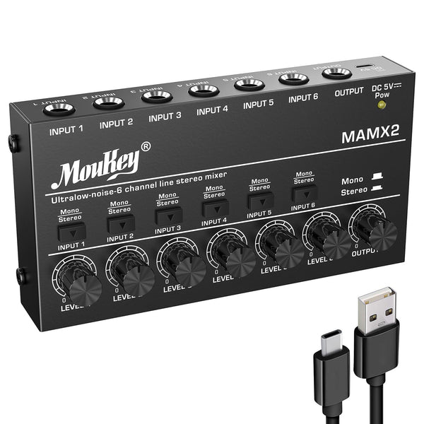 Moukey MAMX2 オーディオミキサー 6チャンネル usb DC 5V超低ノイズ サブミキシング用 ラインミキサー 小型ミニオーディオミキサー クラブ/バー/マイク/ギター/ベース/キーボード/ステージミキサーに適用