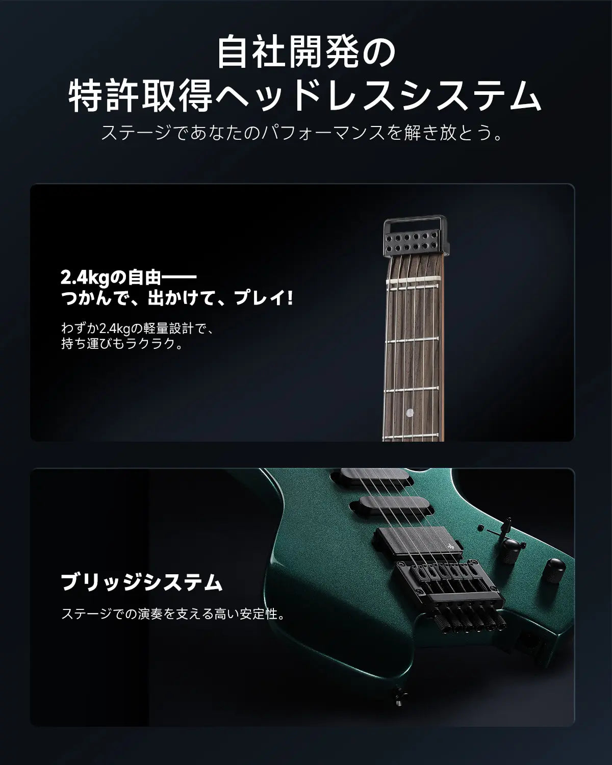 Donner HLX-500 ヘッドレスエレキギター-緑##
